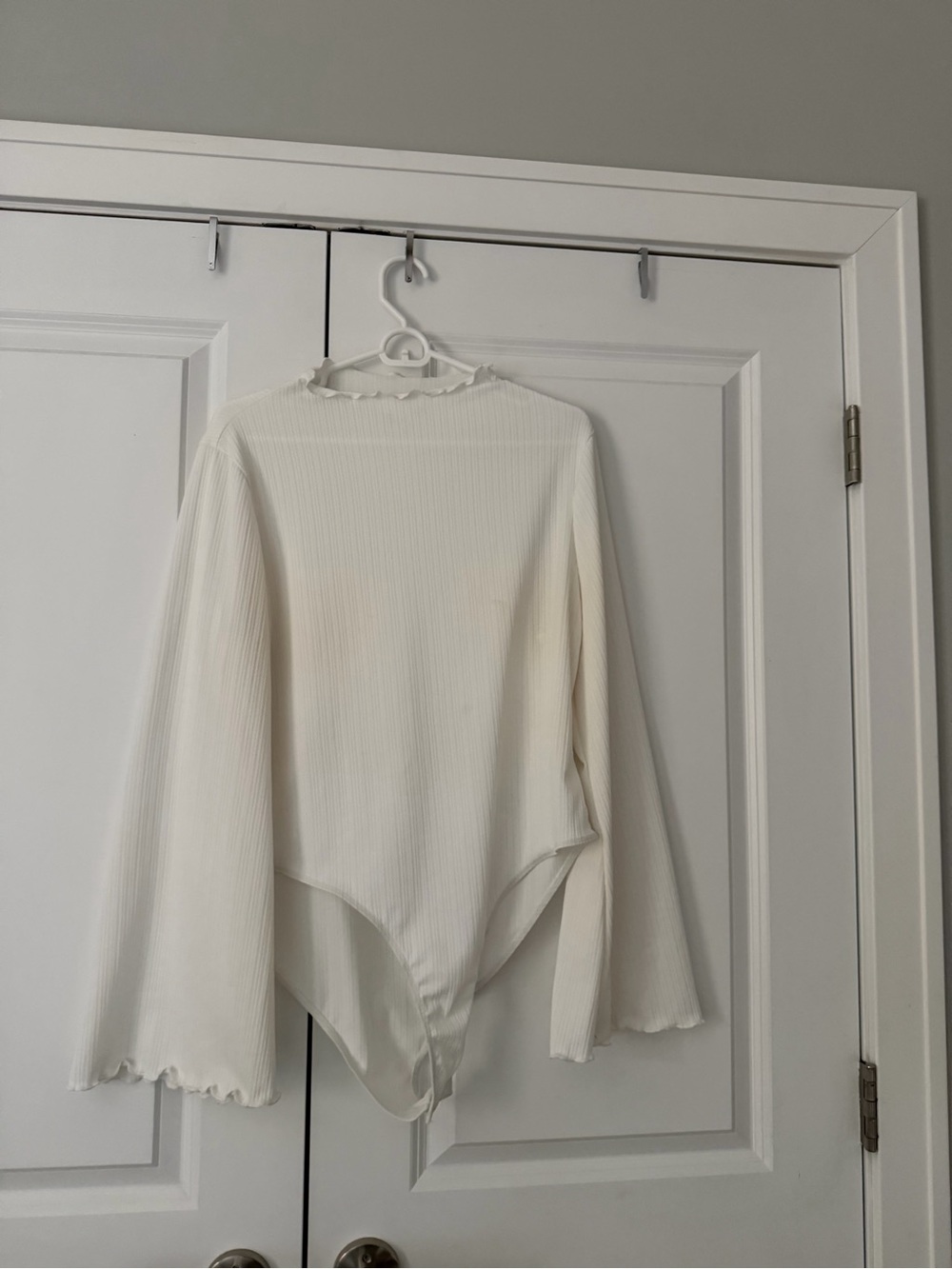 White Ribbed Bell Sleeve Bodysuit with Lettuce Edge